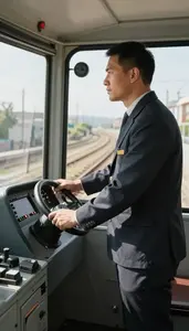 Train Conductor Operating A Train On Inside A Tram Cab In A City At Work Today