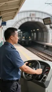 Train Conductor Operating A Subway Train At A Train Station Platform In