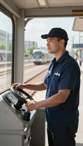 Train Conductor Operating A Tram Through At A Train Station Platform In