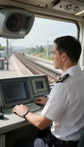 Train Engineer Operating A Subway Train At A Train Station Platform At