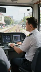 Train Engineer Operating A Tram Through Inside A Train Cab On Tracks In Daily