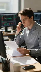 Training Coordinator Making A Phone Call In A Stock Brokerage Trading Desk At