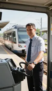 Tram Operator Conducting A Train Departure At A Train Station Platform At