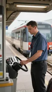 Tram Operator Conducting A Train Departure At A Train Station Platform In