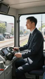 Tram Operator Operating A Light Rail Inside A Tram Cab In A City At Work Today