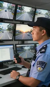Transit Police Officer Monitoring Cctv Cameras In In A Security Control Room