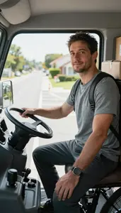 Truck Driver Delivering Packages On A On A Bicycle Delivery Route In Daily Work