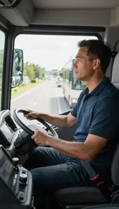 Truck Driver Driving A Bus Through Inside A Bus Driver Cabin In Professional