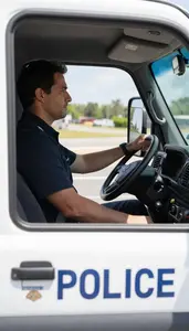 Truck Driver Driving A Police Car On A Postal Delivery Route At Work Location