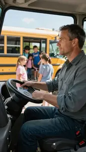 Truck Driver Driving A School Bus On A Postal Delivery Route At Workplace