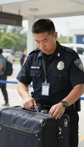 Tsa Agent Searching Luggage At A In An Immigration Processing Office In