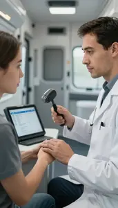 Urologist Checking A Patients Reflexes In A Mobile Health Clinic Van In Daily