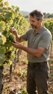 Vintner Harvesting Grapes In A In A Vineyard With Rows Of Grapevines At