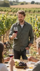 Vintner Tasting And Pairing Wines In A Vineyard With Rows Of Grapevines At Work