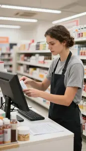 Visual Merchandiser Selecting Products For A At A Retail Checkout Counter In