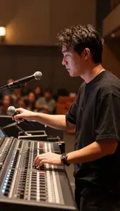 Voice Actor Mixing A Live Concert On A Concert Stage At Work Location