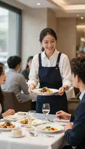 Waitress Serving Food To Diners In A Restaurant Dining Room In Professional