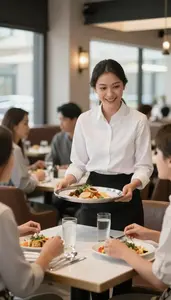 Waitress Serving Food To Diners In A Restaurant Dining Room In Daily Work