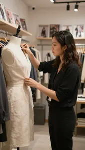 Wardrobe Stylist Designing Costumes For A In An Interior Design Showroom At Work