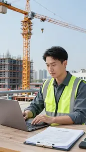 Warehouse Manager Operating A Tower Crane In A Warehouse Management Office In