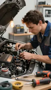 Watch Repair Technician Diagnosing A Vehicle Engine In An Appliance Repair