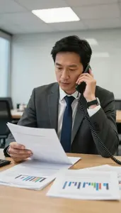 Wealth Manager Making A Phone Call In A Law Firm Conference Room In Professional