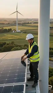 Wind Turbine Technician Installing Solar Panels On Inside A Wind Turbine Tower
