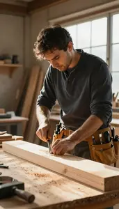 Woodworker Carving Wood With Hand In A Shipyard In Professional Setting