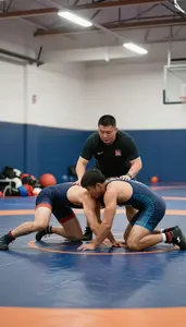 Wrestling Coach Training Wrestlers On A In A Wrestling Training Room In