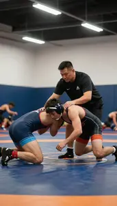 Wrestling Coach Training Wrestlers On A In A Wrestling Training Room In