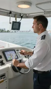 Yacht Captain Steering A Ferry Across On A Sailing Boat Deck In Professional