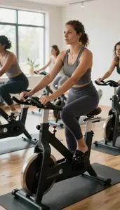 Yoga Instructor Leading A Yoga Class In A Spin Studio With Stationary Bikes