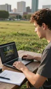 Youtuber Developing A Video Game On A Vlogging City Location At Professional
