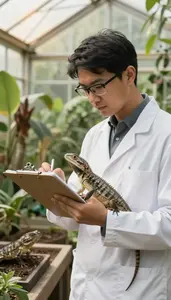 Zoologist Examining Reptiles In A In A Botanical Research Greenhouse In
