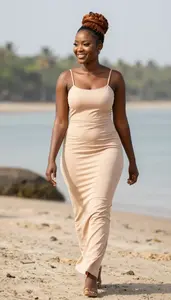 Beautiful African Woman With Bun Updo In Evening Dress Sunset Portrait