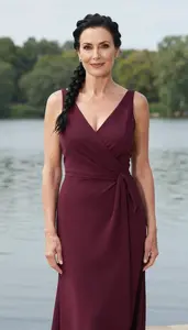 Beautiful Caucasian Woman With Braided Hairstyle In Wine Flowing Cocktail Gown