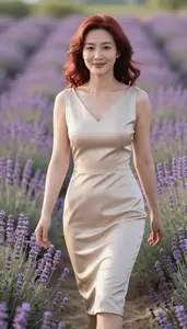 Beautiful Chinese Woman With Wavy Hair In Cocktail Dress Garden Portrait