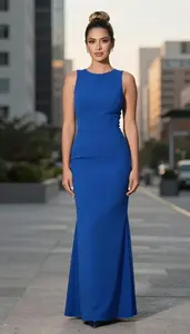 Beautiful Latina Woman In Sapphire Blue Minimalist Cocktail Gown Urban Editorial