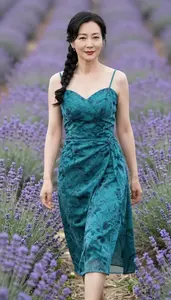 Beautiful Warm Toned Woman In Teal Floral Print Cocktail Gown Garden Editorial