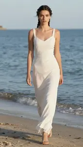 Chic Caucasian Woman In White Ethereal Cocktail Gown Sunset Lifestyle