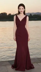 Chinese Woman In Burgundy Bohemian Cocktail Gown Sunset Glamour Portrait