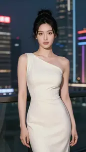 East Asian Woman Late 20s In Cream Modern Cocktail Gown Urban Portrait