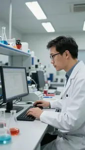 Experimental Physicist Analyzing Data On A In A Particle Physics Experimental