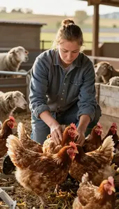 Farmer Caring For Poultry In On A Sheep Farm Shearing Area In Professional