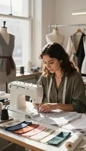 Fashion Designer Sewing Fabric On A In A Fashion Showroom At Work Location