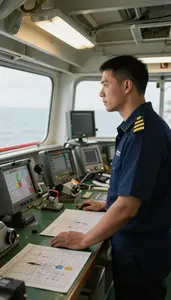 Ferry Captain Monitoring Ship Engines In On A Ferry Deck Crossing Water At