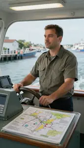 Ferry Captain Steering A Ferry Across In A Boat Navigating A Canal At