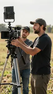 Film Director Managing A Film Production In A Documentary Field Filming Location