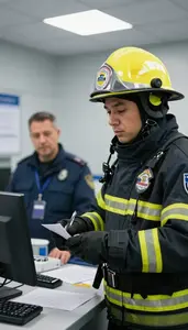 Fire Investigator Investigating A Fire Scene At A Police Station Briefing Room
