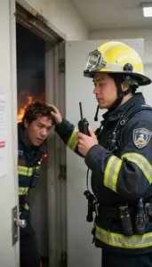 Fire Investigator Rescuing A Person From At A Police Station Briefing Room In